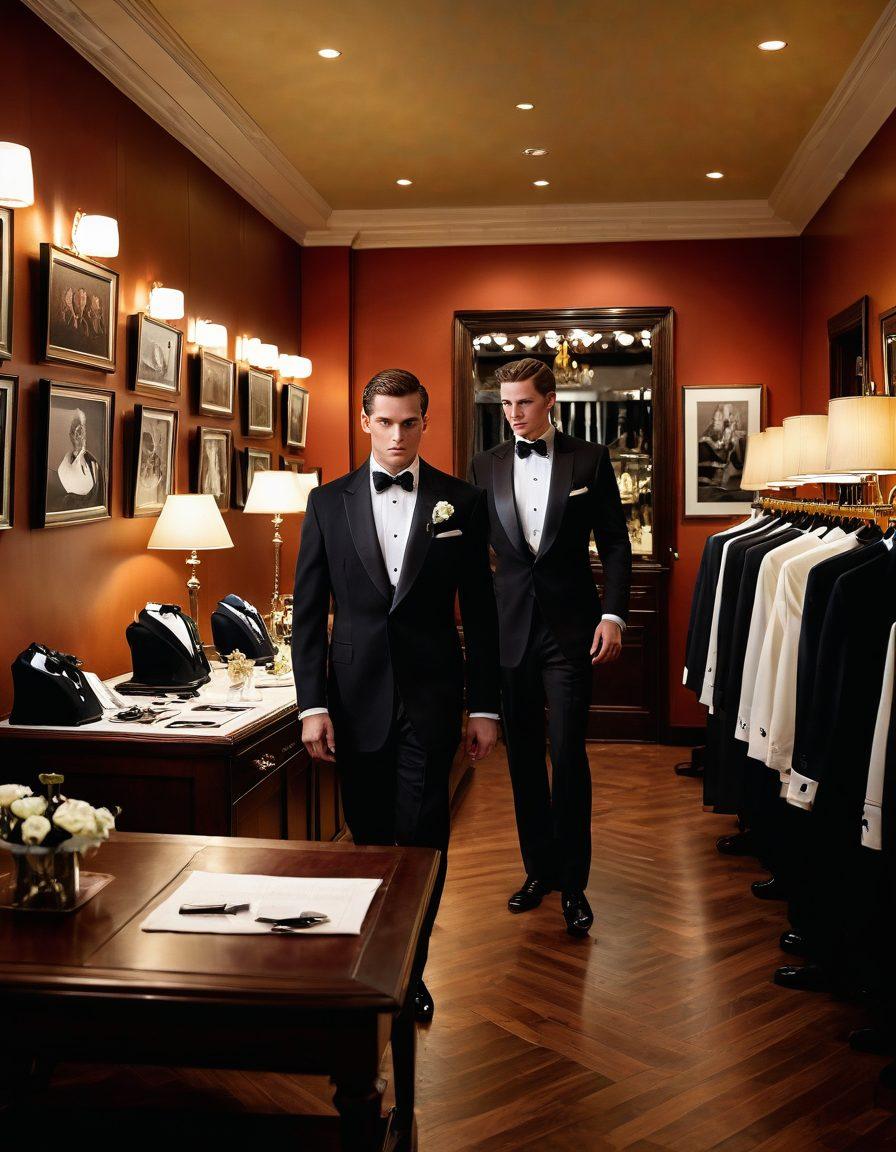 A stylish tailor measuring a groom in a tuxedo, with elegant accessories displayed on a nearby table, set in a cozy tailor shop. The background should feature a variety of tuxedos hanging, subtly illuminated by warm lights to create an inviting atmosphere. Include a window showing a glimpse of a formal event outside, like a wedding or gala. super-realistic. vibrant colors.