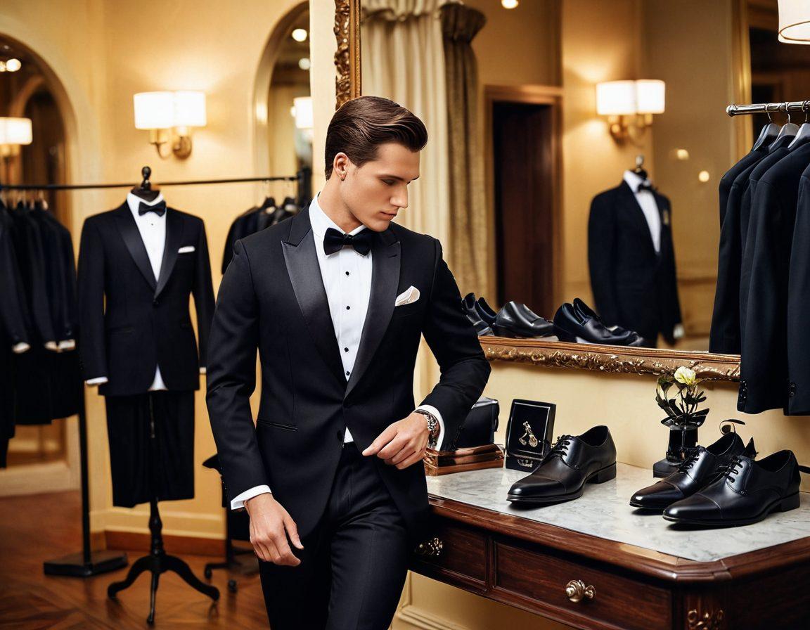 A stylishly dressed man adjusting a sleek black tuxedo in front of a vintage mirror, surrounded by elegant accessories like a bow tie, cufflinks, and polished shoes. Soft, warm lighting enhances the sophisticated atmosphere, while a subtle backdrop of a luxurious boutique filled with formal attire gives context. Artfully arranged clothing mannequins showcase various tuxedo styles. super-realistic. vibrant colors. warm lighting.