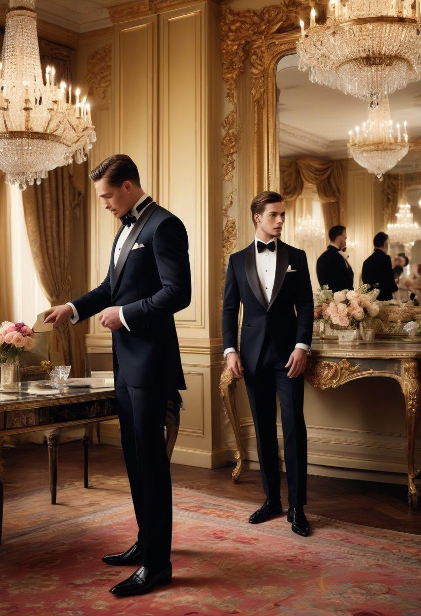 A stylishly dressed man adjusting his sleek tuxedo in front of a lavish mirror, surrounded by various dress codes displayed on elegant cards. Background features a sophisticated ballroom setting with sparkling chandeliers and guests in formal attire. The focus is on the textures of the tuxedo fabric and the detailed patterns on the dress code cards, enhancing the elegance of the scene. super-realistic. vibrant colors. luxurious atmosphere.